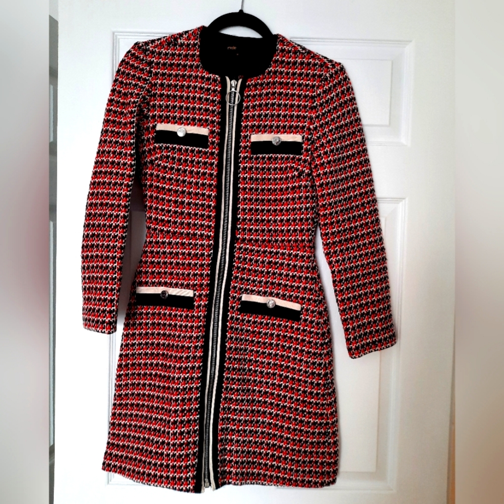 Maje Red Black White Tweed Zip-Front Dress